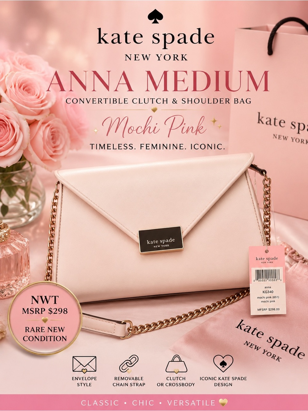Kate Spade Anna Medium Leather Clutch & Shoulder Bag Moochi Pink MSRP $298 NWT - Picture 3 of 12